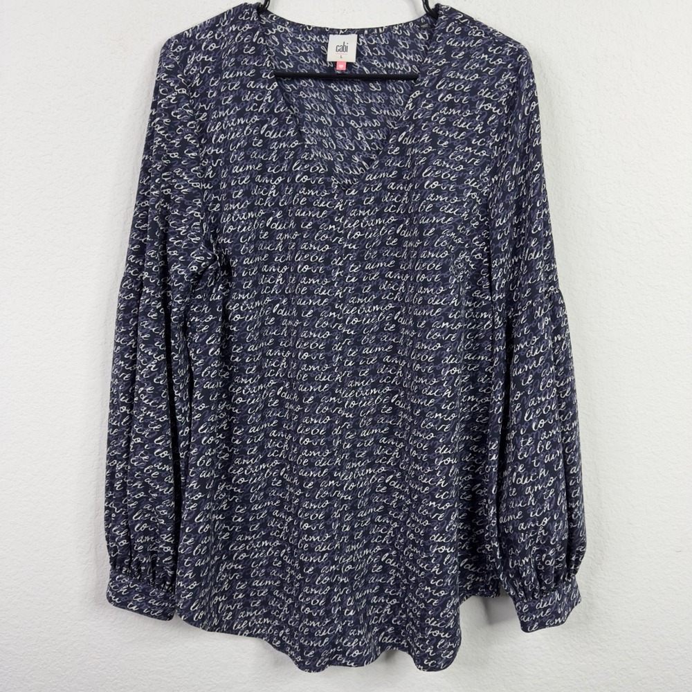 Cabi Shirt Womens L Blue White Love Script Long Sleeve Romantic Career Relaxed